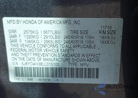 2020 Acura Mdx Standard from USA, damaged, VIN 5J8YD4H38LL015105